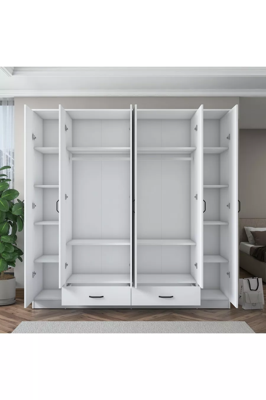 Rani  Armoire Spacieuse pour Vêtements 6 Portes 2 Tiroirs  Étagères 2 Tringles Blanche