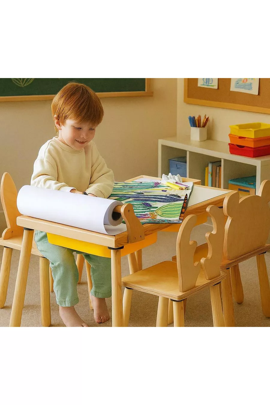 Table d'activité sensorielle en bois pour enfants + ensemble 1 chaise (avec rouleau de papier en cadeau)