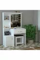 Coiffeuse Novella avec miroir en tissu, avec armoire, tiroirs, étagères, blanche, avec coussin