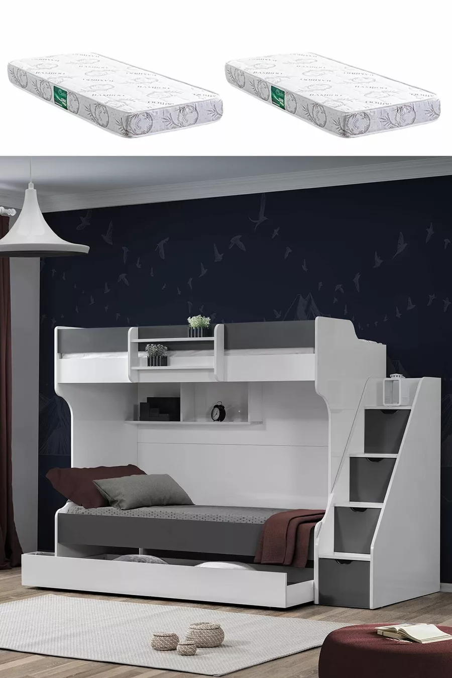 Lits superposés, Lit superposé Kardem avec tiroirs - Anthracite 2 matelas confort