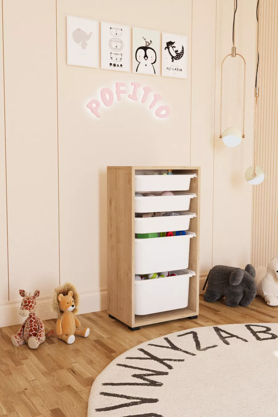 Armoire à jouets avec 2 profonds et 5 paniers, armoire multi-usage pour cuisine, cellier et salle de bain