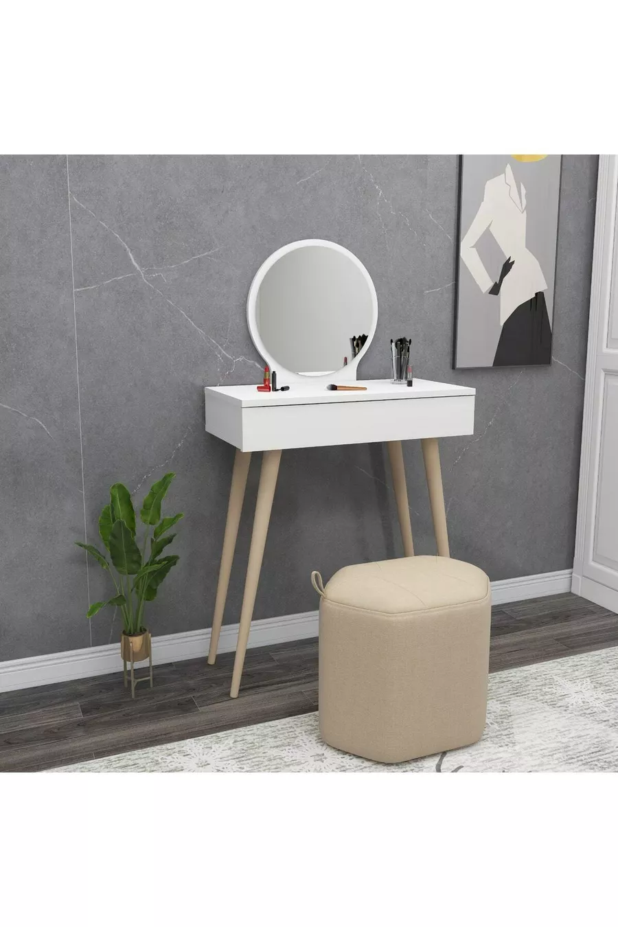 Table de maquillage avec miroir et tiroirs sur pieds en bois Siena, Blanc - Siena