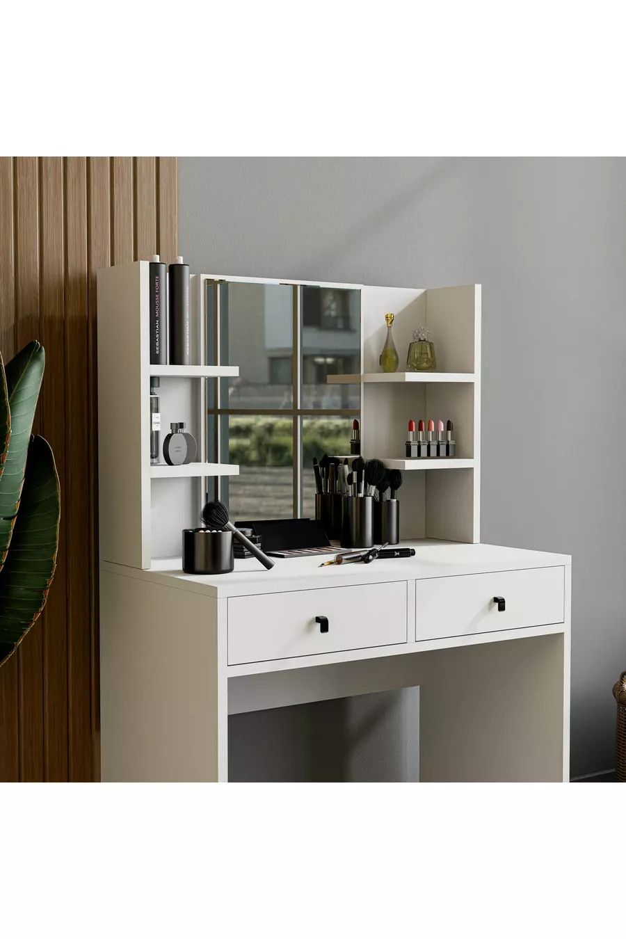 Coiffeuse blanche brillante avec miroir et 2 tiroirs, CM