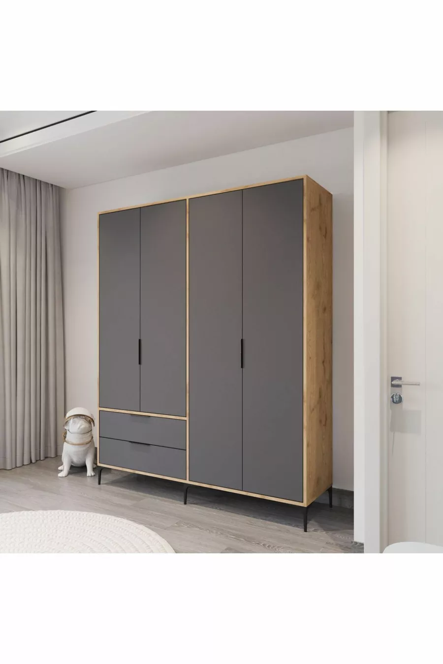 Armoire Aden anthracite complet à 4 portes avec tiroirs, penderie, armoire avec étagères