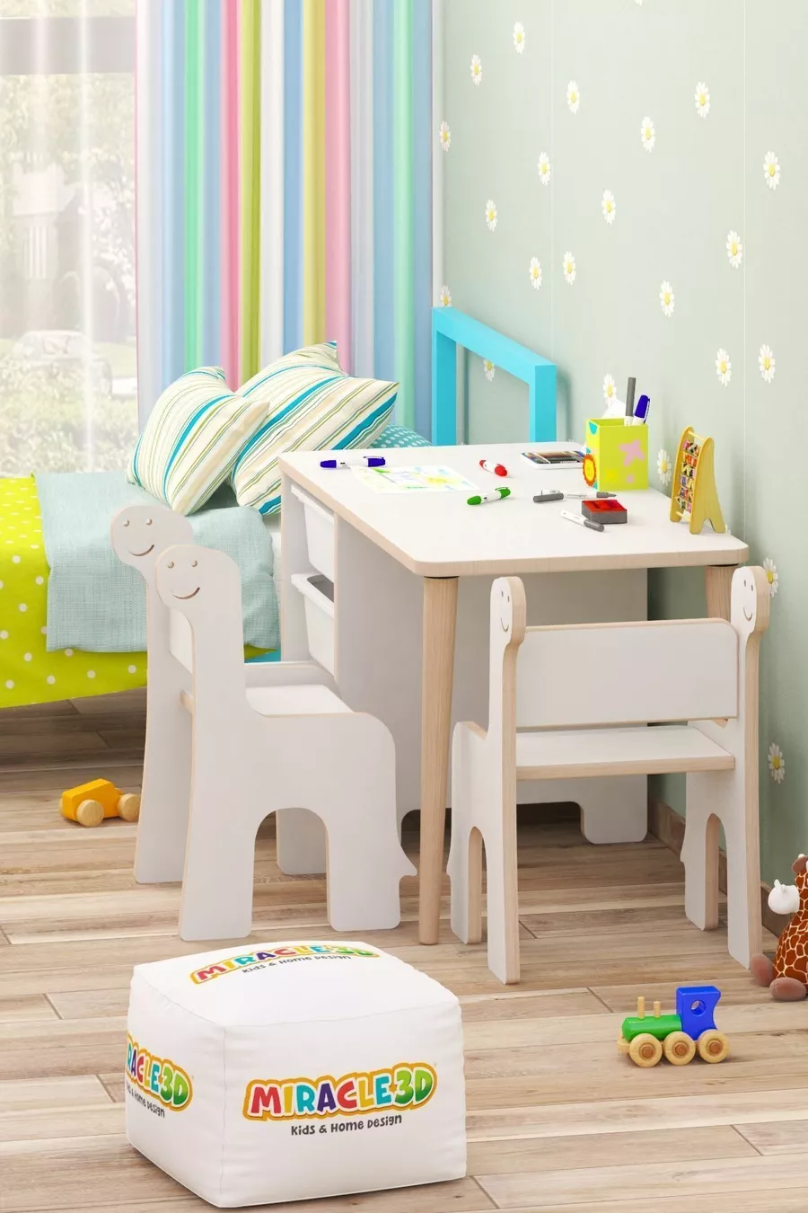 Ensemble table et chaises pour enfants - Table de travail pour enfants avec 3 paniers, table d'activités, double chaise Dino effaçable