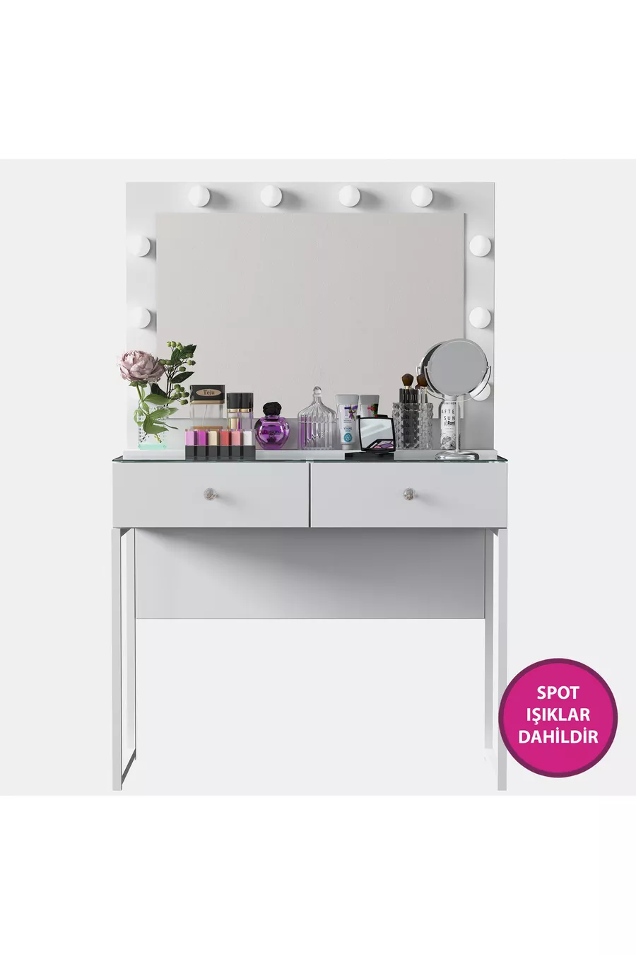Rani Coiffeuse de Coulisses avec Miroir Illuminé Hollywood, 2 Tiroirs, Organisateur de Bijoux, Blanc