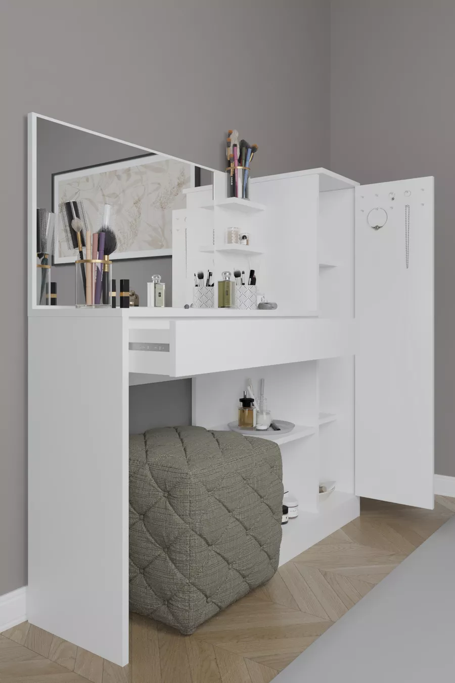 Coiffeuse Orchidée, 1 tiroir, avec armoire et miroir