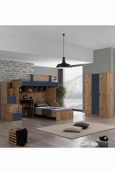 Ranza, Lit superposé Riva avec lit, bureau, armoire à 3 portes et 2 matelas Confort