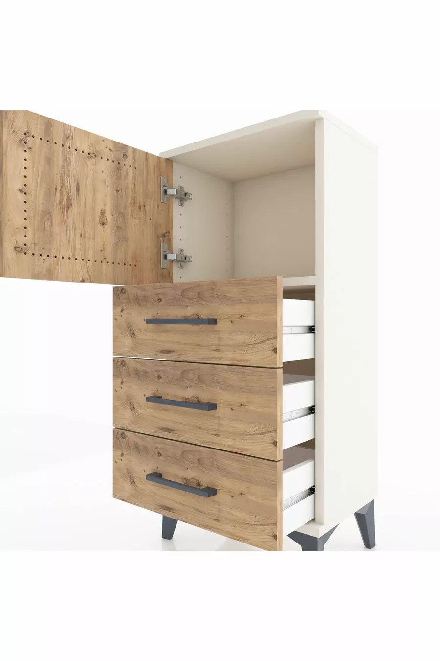 Table de chevet Arges avec une seule étagère, trois tiroirs et une porte, Pierre de lune-Pin