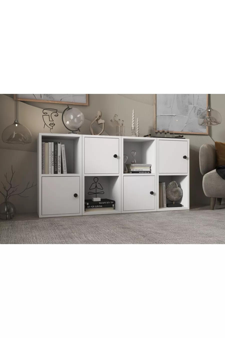 Commode blanche à quatre portes avec étagères sans lattes