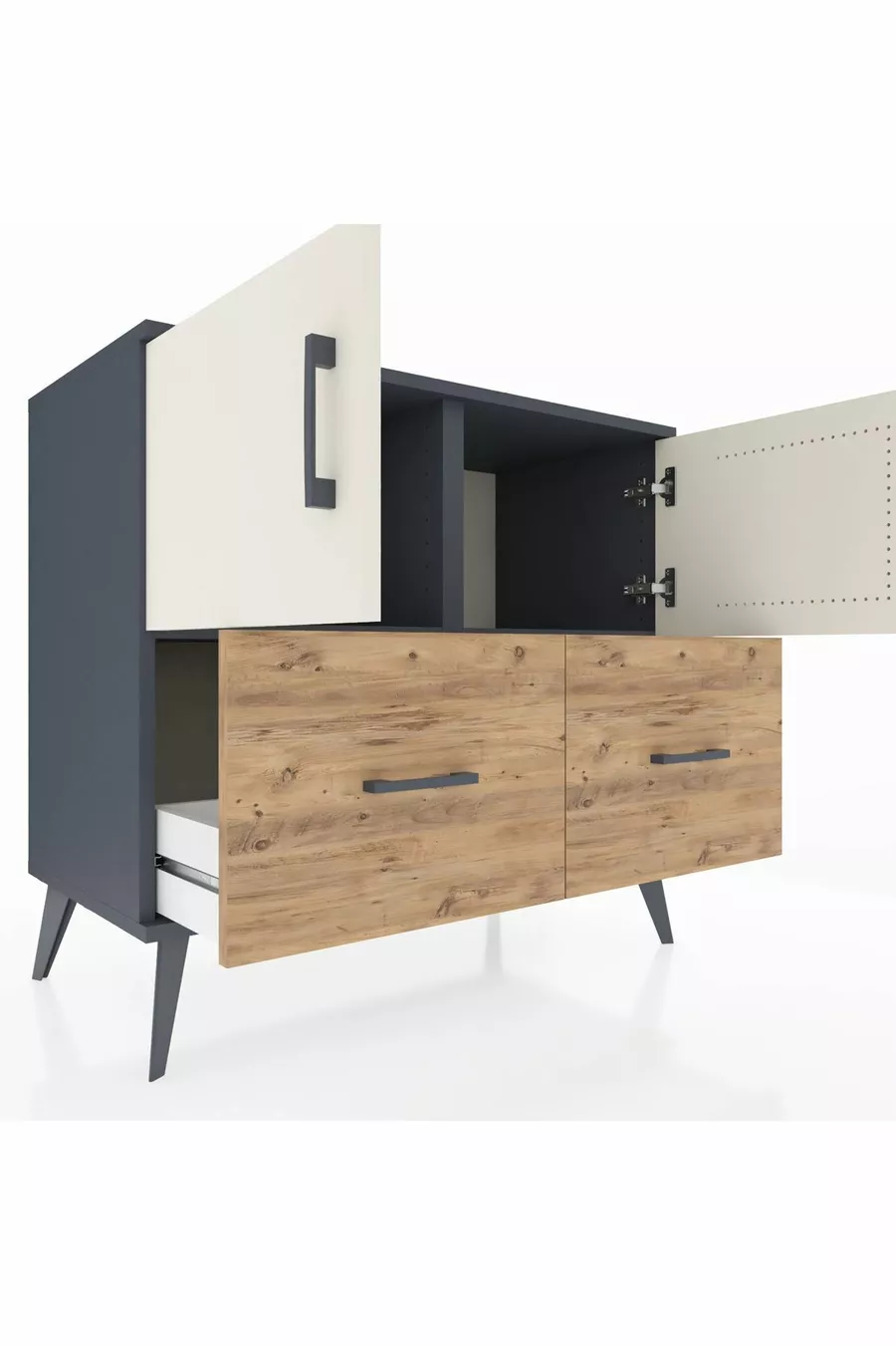 Commode Hyperion 2 étagères 2 tiroirs 2 portes Anthracite-Pierre de lune/Sapin