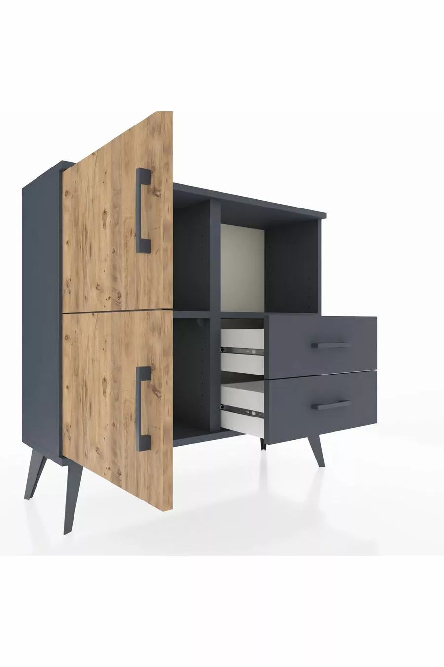 Commode Arges 2 étagères 2 tiroirs 2 portes Anthracite-Sapin/Anthracite