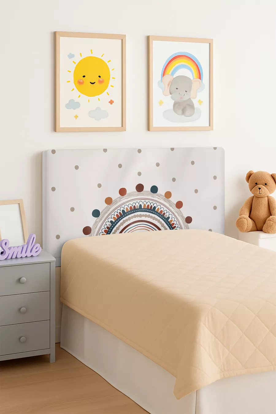 Housse de tête de lit pour lit enfant avec motif arc-en-ciel beige