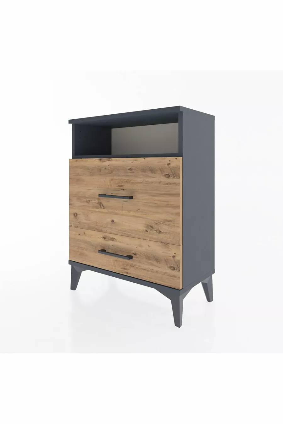Chevet Arges à une étagère et deux tiroirs Anthracite-Pin