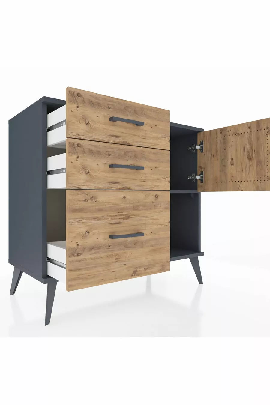 Commode Hyperion à une étagère, 3 tiroirs et une porte, Anthracite-Bois de pin