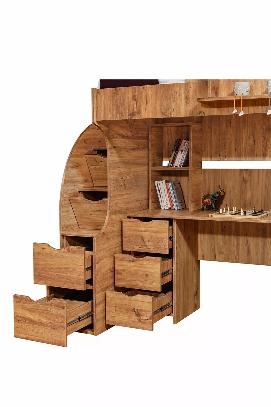 Lit superposé, litera avec armoire et bureau, noyer foncé, 1 matelas Comfort