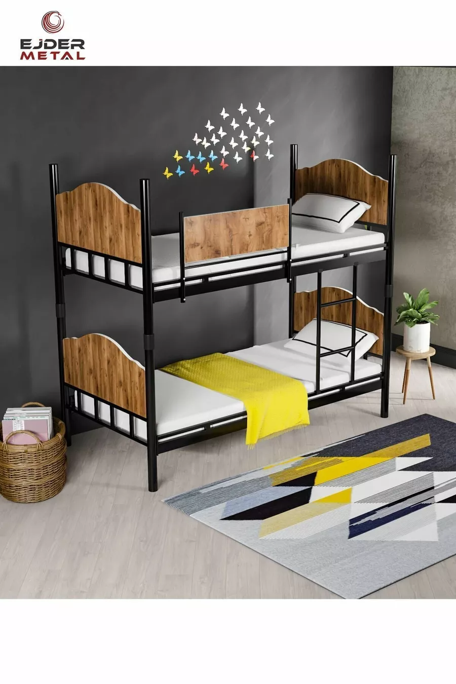 Lit superposé métal et bois Noir-noix (SANS MATELAS)