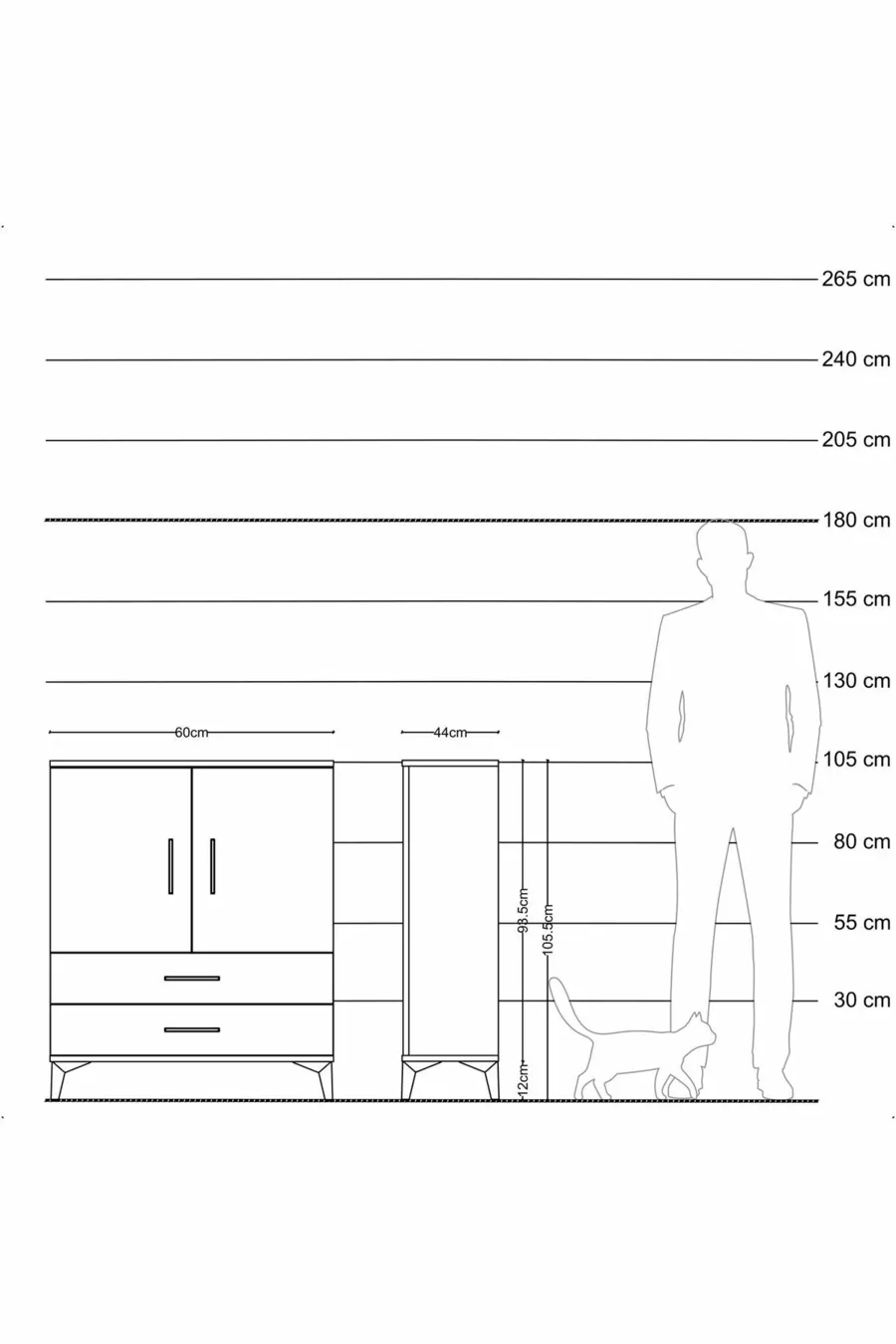 Commode Hyperion à 2 étagères, 2 tiroirs, 2 portes, Pins-Patine de pierre