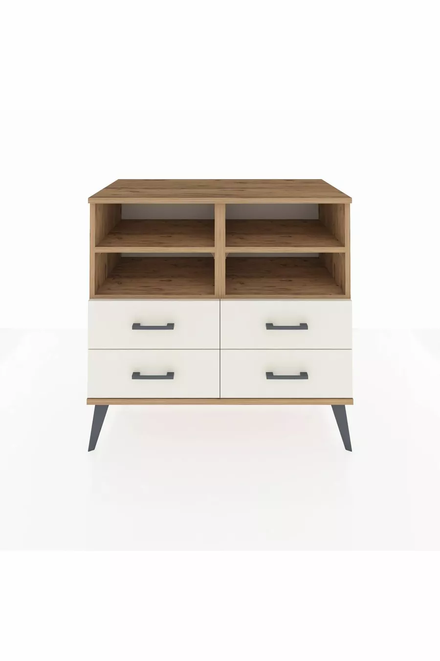 Commode Hyperion 4 étagères 4 tiroirs Pin-Pin/Marbre blanc