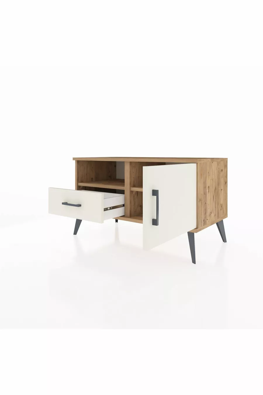 Commode Hyperion à 2 étagères, 1 tiroir et 1 porte, Pins-Quartz