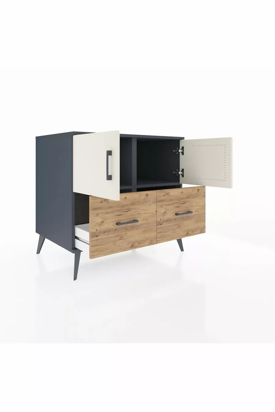 Commode Kronos avec 2 étagères, 2 tiroirs et 2 portes Anthracite-Pierre d'argile/Sapin