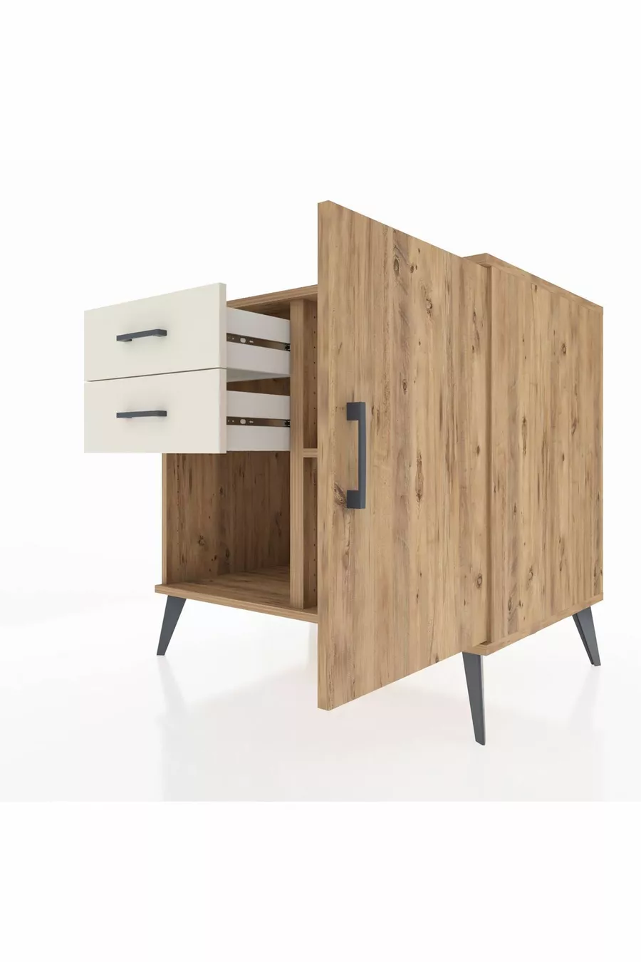 Commode Kronos avec une seule étagère, 2 tiroirs et une porte, Pin-Pin / Nacré