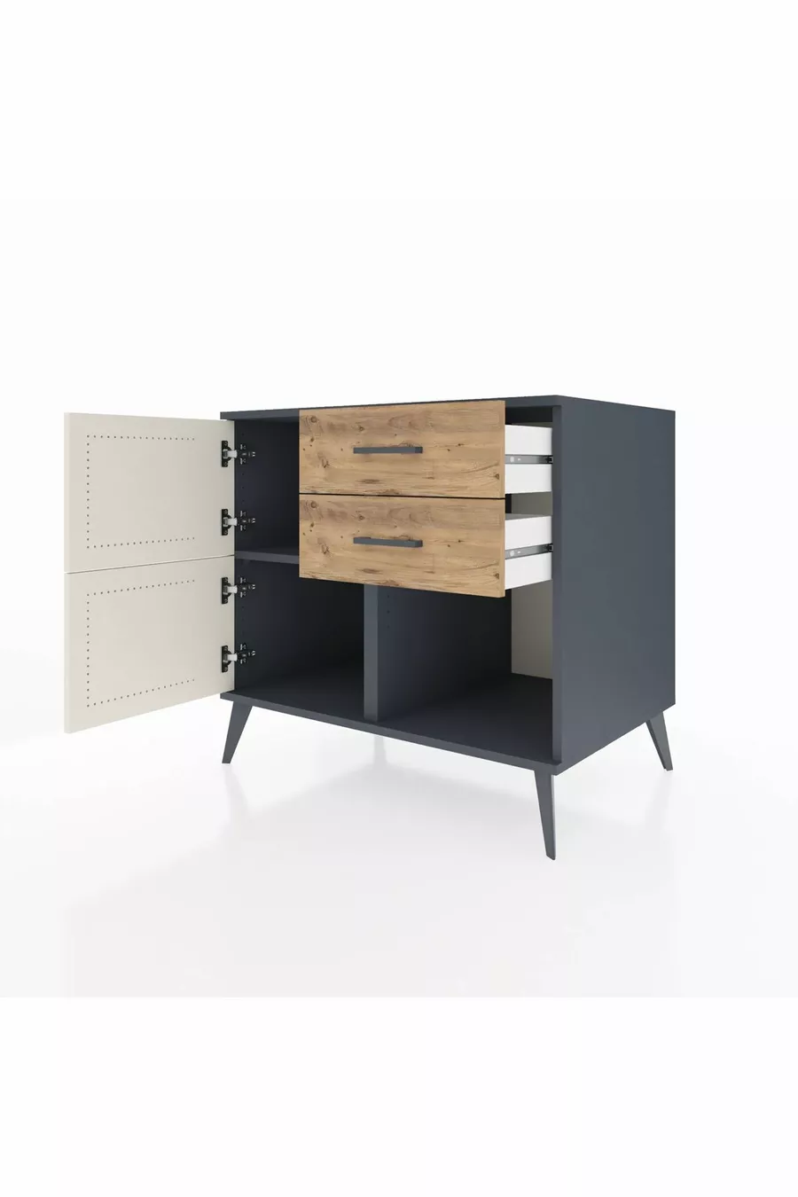 Commode Kronos à une étagère, 2 tiroirs, 2 portes, Anthracite-Pierre de Lune/Pin