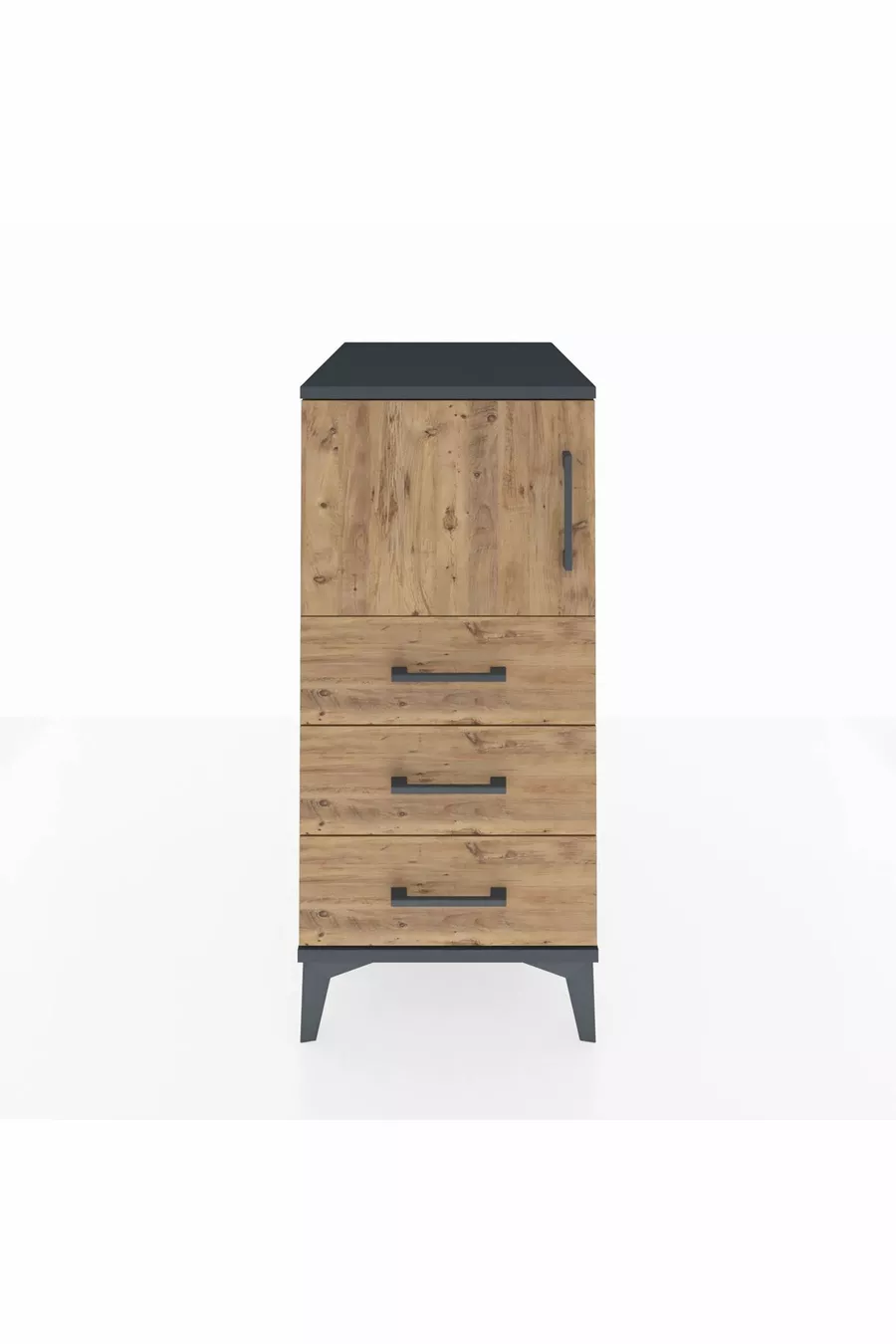 Kronos Table de chevet avec une étagère, 3 tiroirs et une porte, Anthracite-Pin