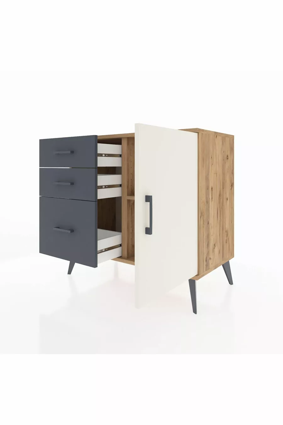 Commode Hyperion avec une seule étagère, 3 tiroirs et une porte, pin-gris/anthracite
