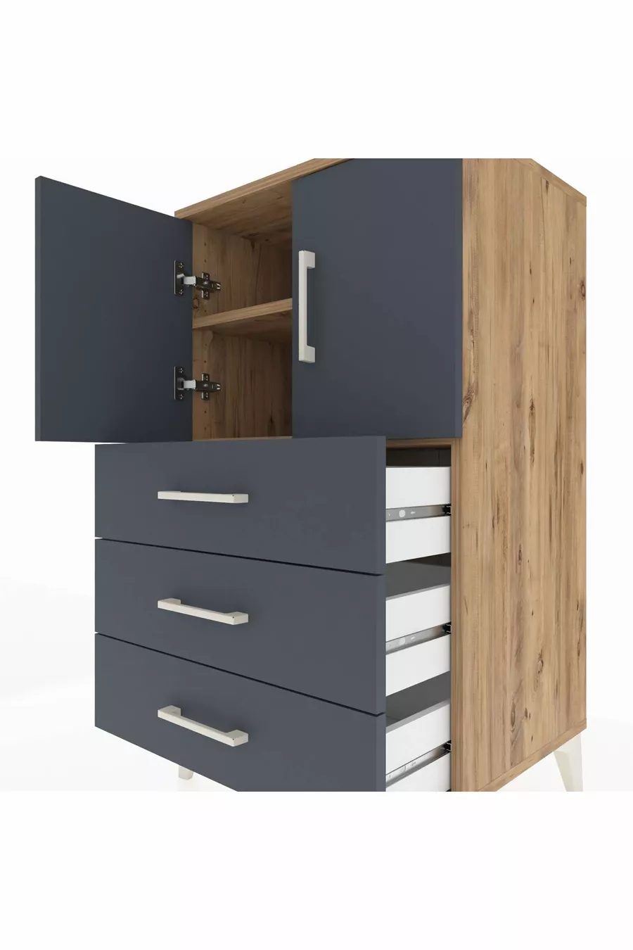 Commode Hyperion à 2 étagères, 3 tiroirs, 2 portes, pin-anthracite