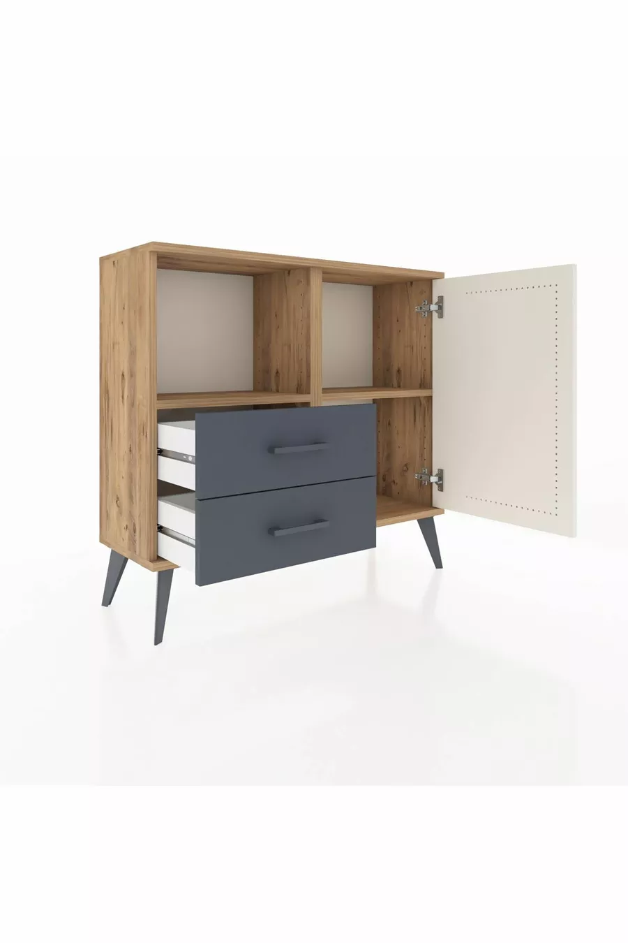 Commode Arges avec 2 étagères, 2 tiroirs et 1 porte, en pin-ardoise/anthracite