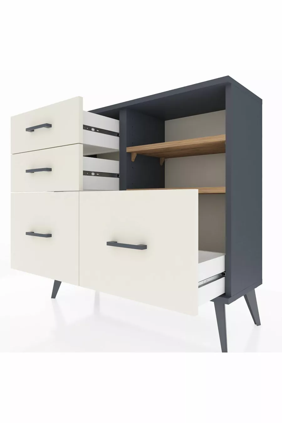 Commode Arges 2 étagères 4 tiroirs Anthracite-Pin/Pierre de Lune