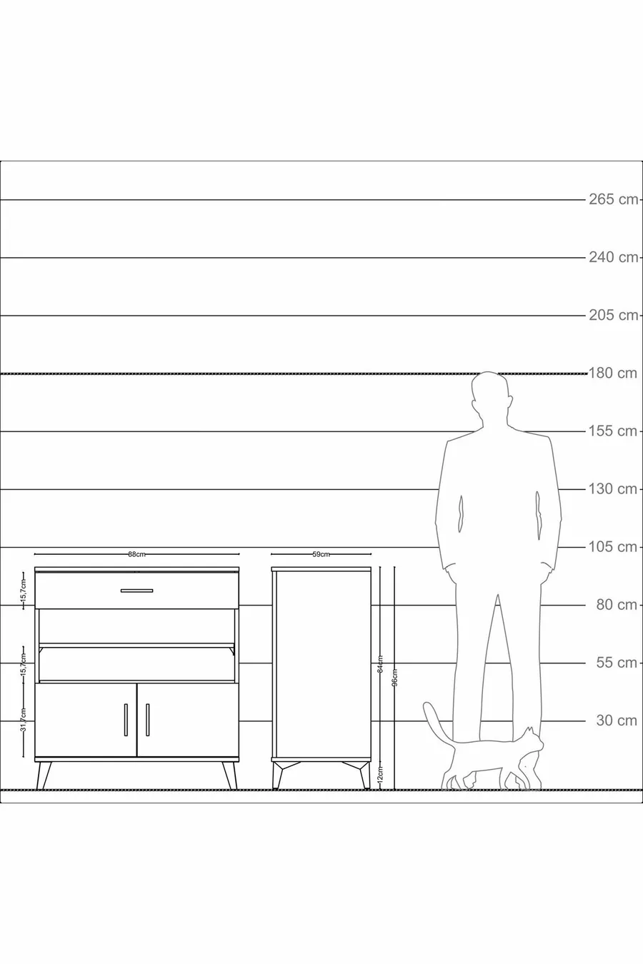 Commode Kronos avec 3 étagères, 1 tiroir et 2 portes, Pierre de Lune-Anthracite