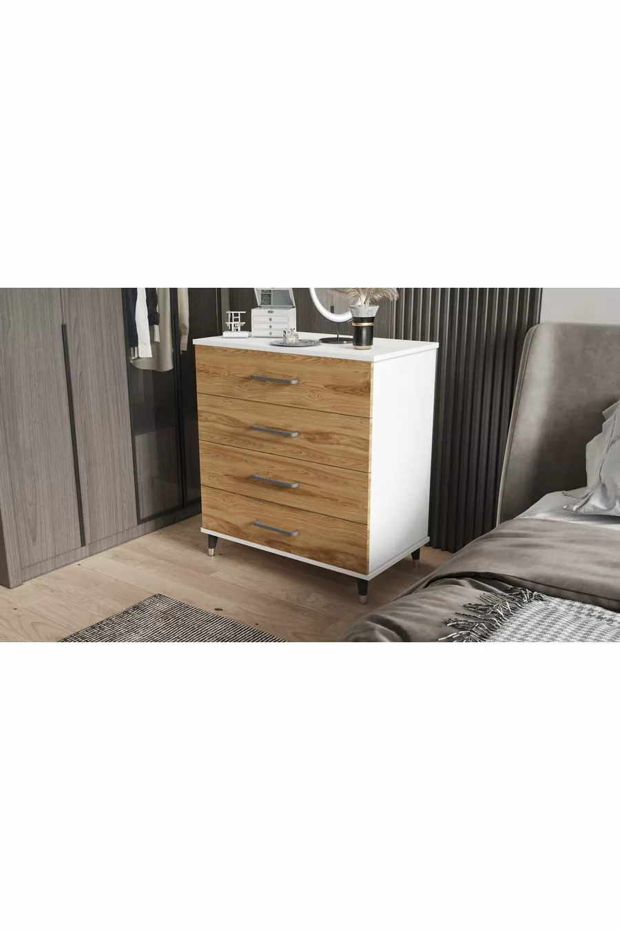 Commode à quatre tiroirs (BLANC BRILLANT + BOIS FONCÉ)