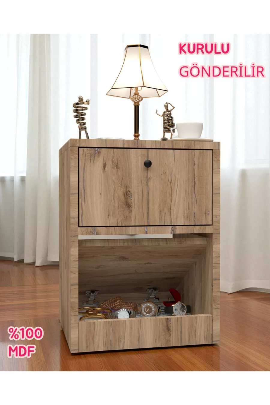 Table de chevet avec serrure et compartiment secret, MDF, livrée assemblée, pas besoin de montage