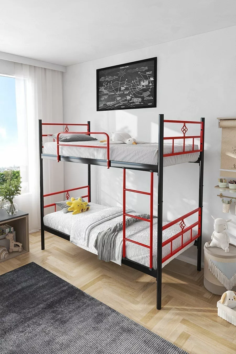Lit superposé Koza Ranza compatible avec matelas, rouge, cadre métallique détachable