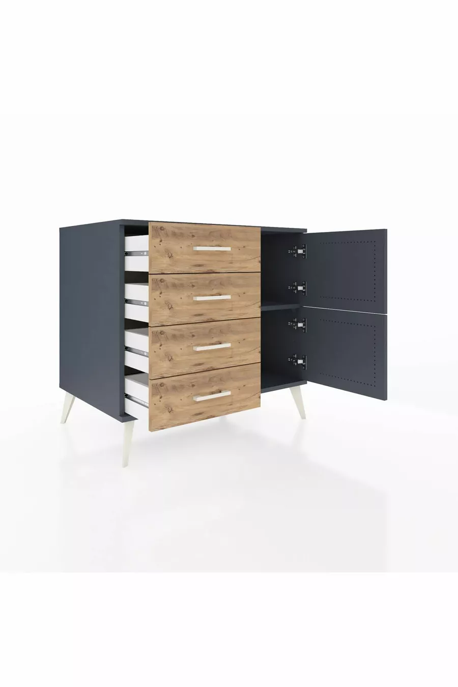 Commode Kronos à une étagère, 4 tiroirs, 2 portes Anthracite-Anthracite/Sapin