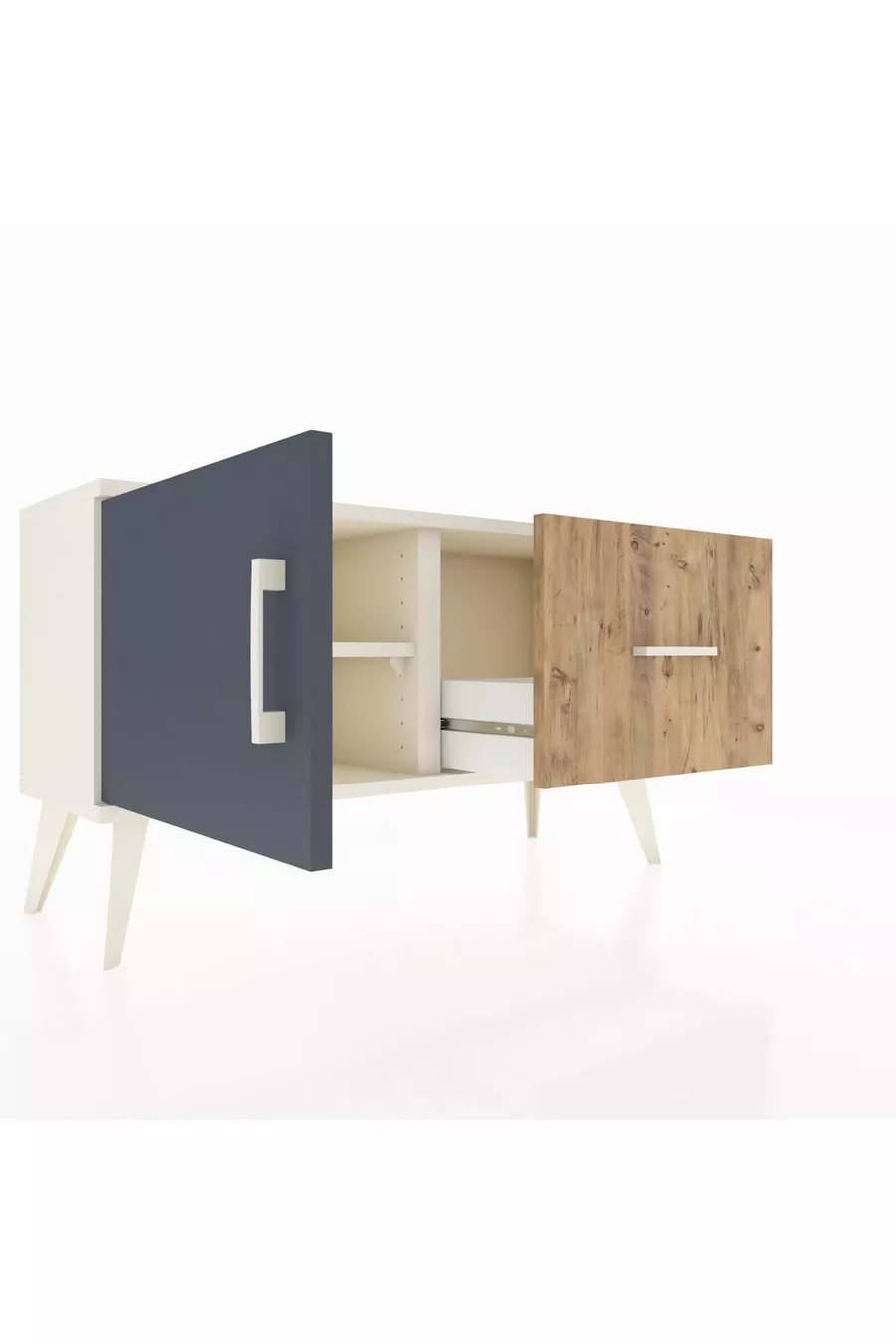 Commode Arges avec une étagère, un tiroir et une porte, coloris Pierre de Lune-Anthracite/Pin