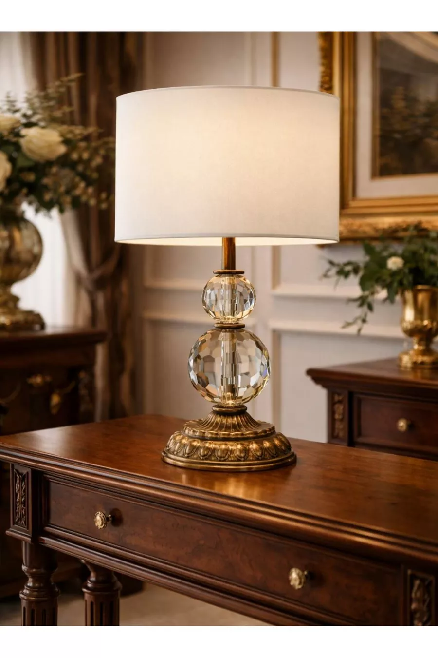 Lampe à abat-jour avec cristaux et finition vieillie Sidney - Crème