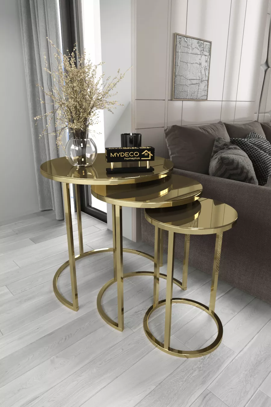 Table gigogne avec miroir doré et bronze