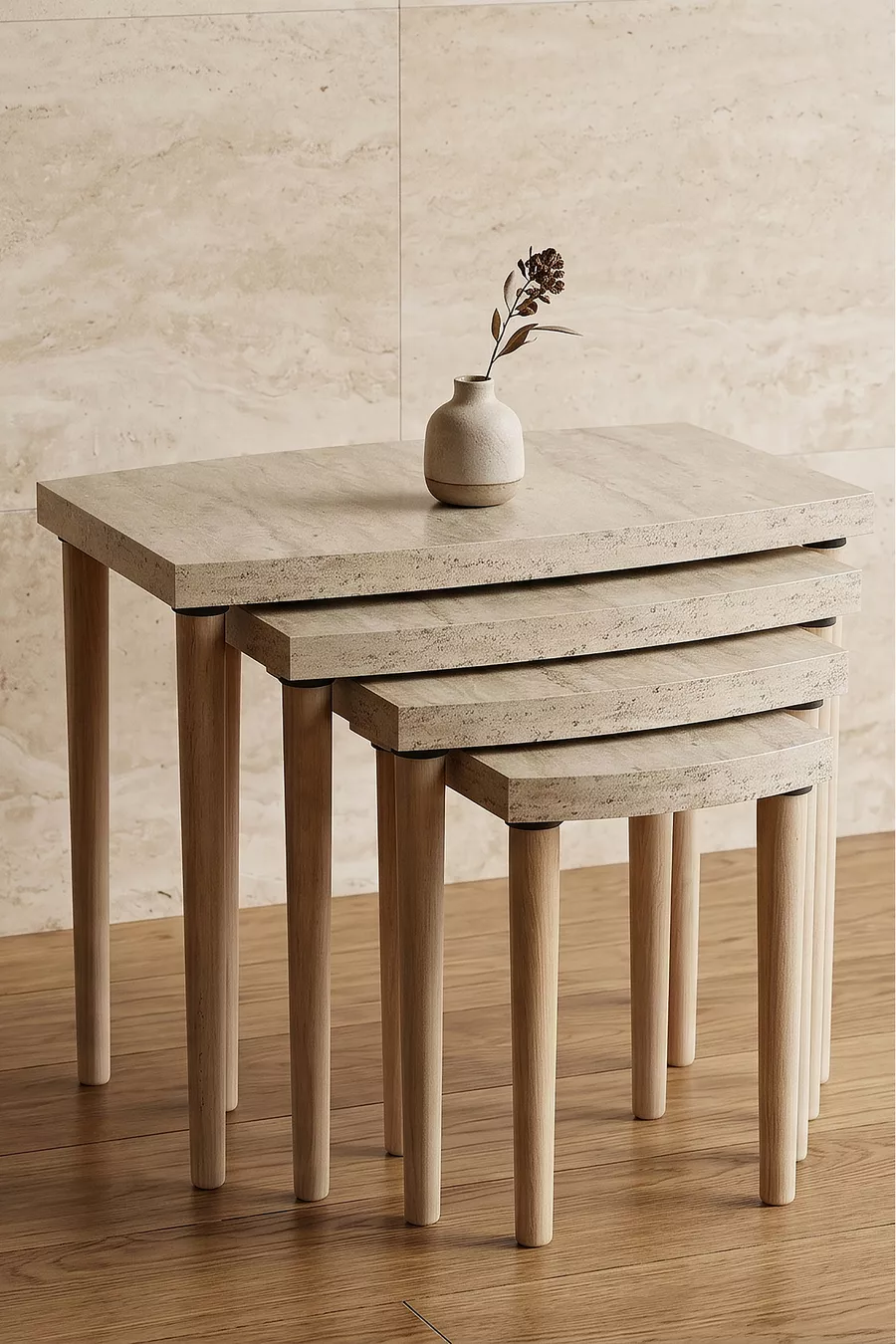 Ensemble de tables gigognes 4 pièces en MDF à motif travertin avec pieds en bois de charme, design moderne