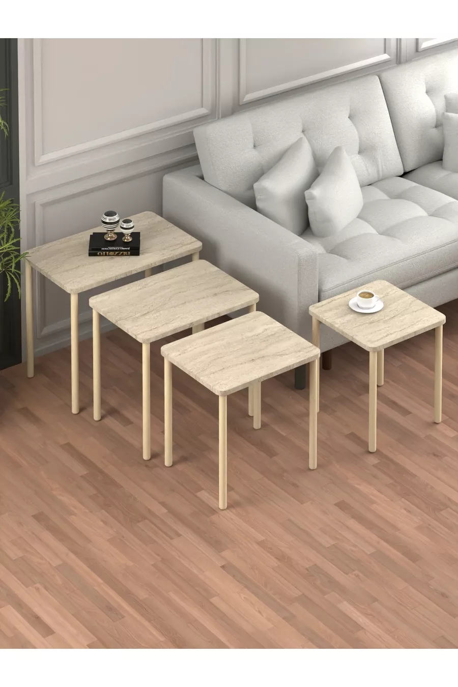 Obim 4 pièces Travertin en bois Empilement Immatriculation - table de thé Table de service Table-salon Table - design moderne