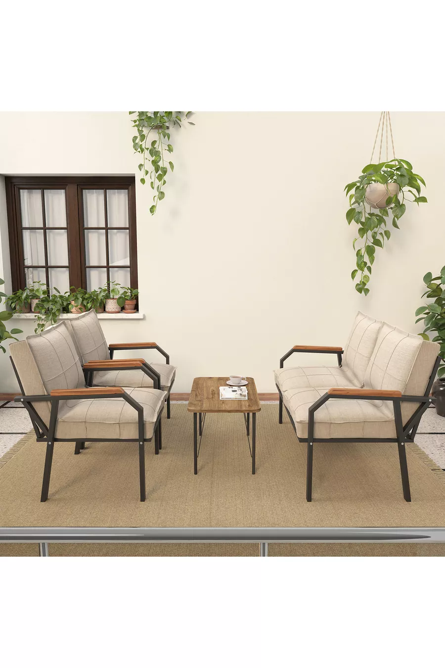Hayal Balcon, Jardin, Café, Ensemble de Canapés en Métal, Meubles de Jardin,  avec Table Basse - Crème