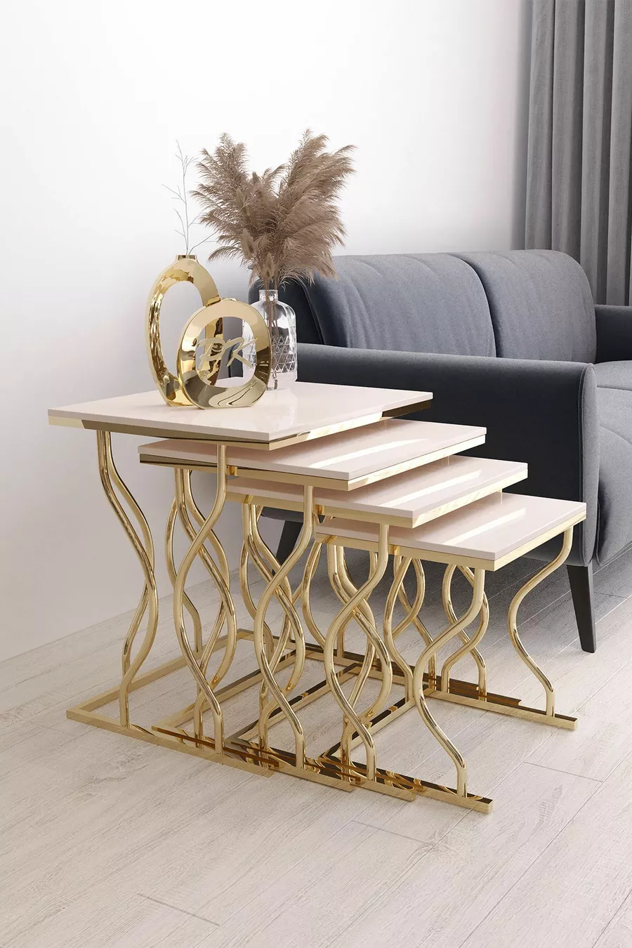 Ensemble de tables gigognes carrées 4 pièces Hayal, pieds dorés, MDF crème