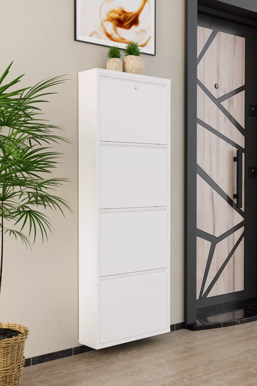 Meuble à chaussures métallique blanc à 4 portes verrouillables