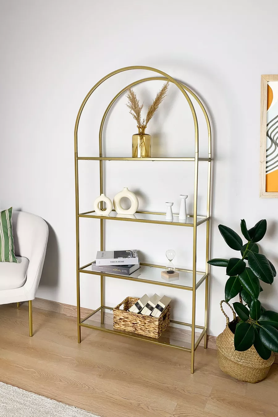 - Étagère décorative Mona Gold Bibliothèque Accessoire Étagère de cuisine Verre transparent