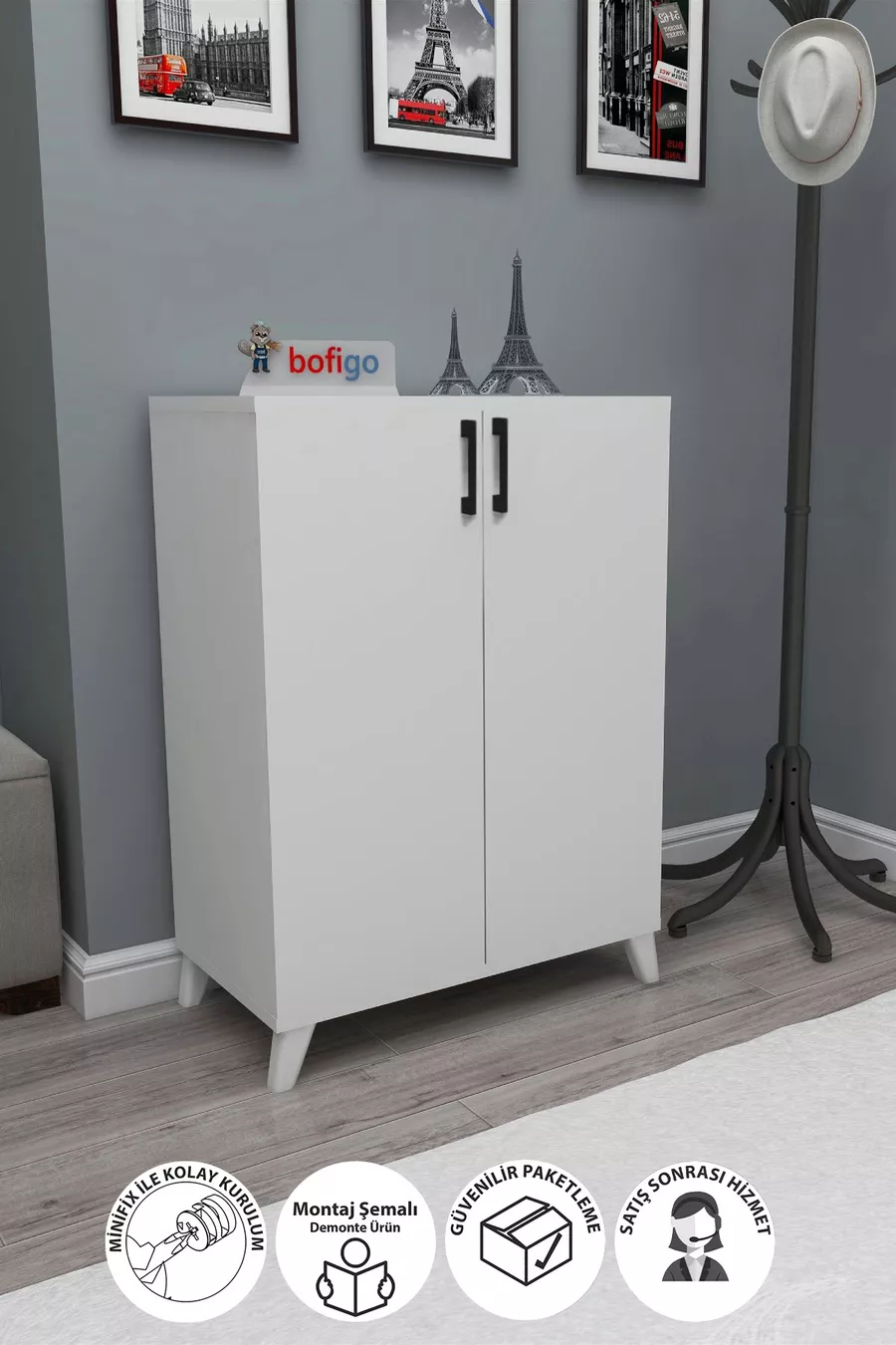 Armoire à chaussures polyvalente à 4 étagères et 2 portes, Armoire à chaussures Ceren Blanche
