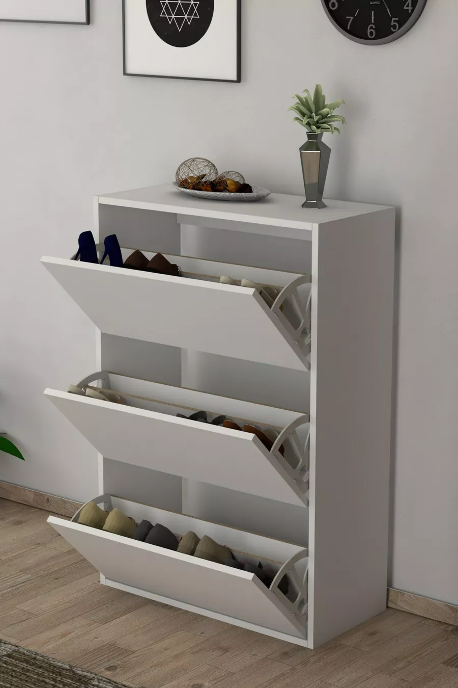 Meuble à chaussures blanc avec 3 portes et étagères coulissantes