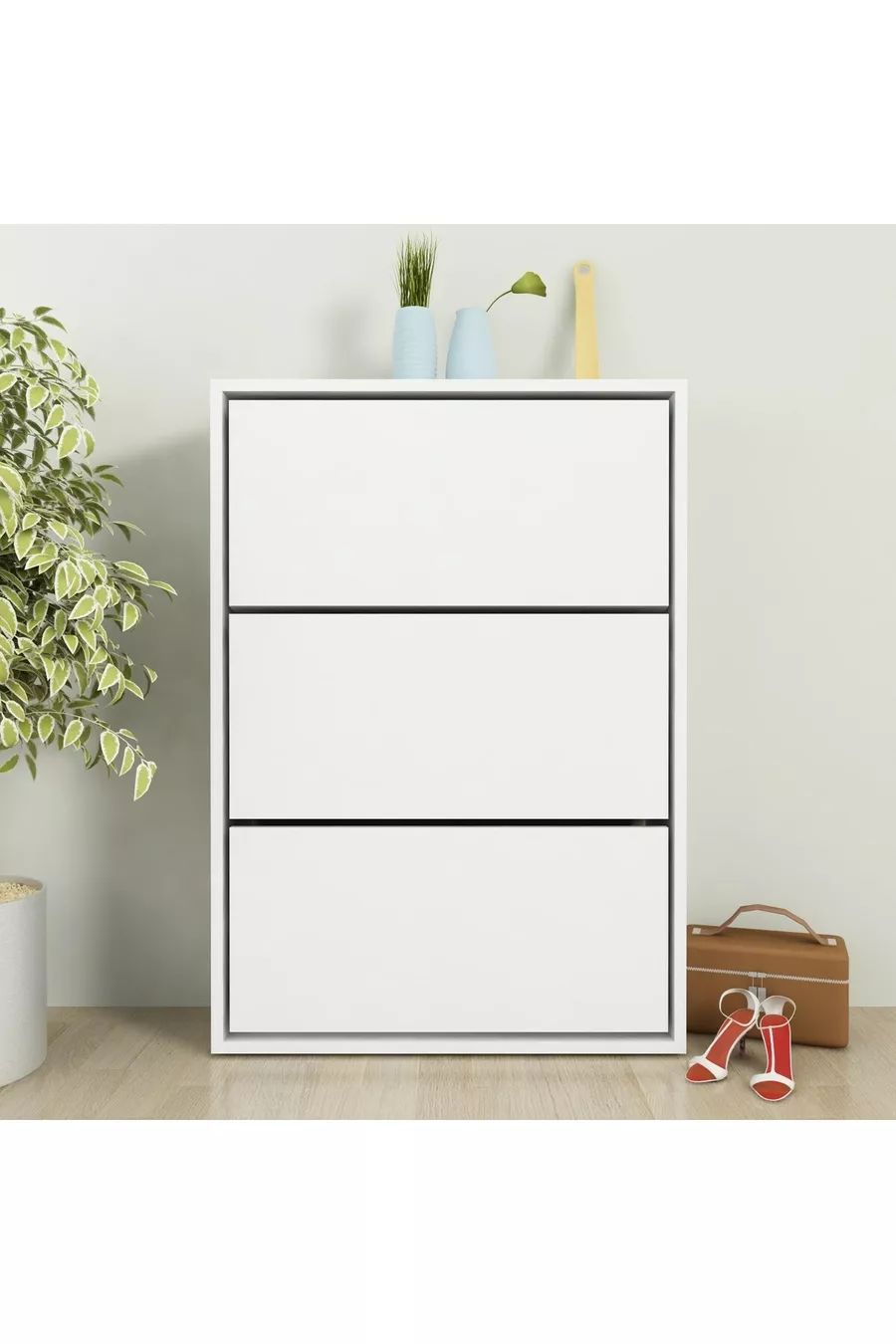 Meuble à chaussures blanc avec 3 portes et étagères coulissantes
