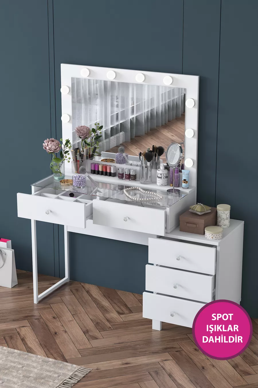 Rani Coiffeuse de Coulisses avec Miroir Illuminé Hollywood, 5 Tiroirs, Organisateur de Bijoux, Blanc